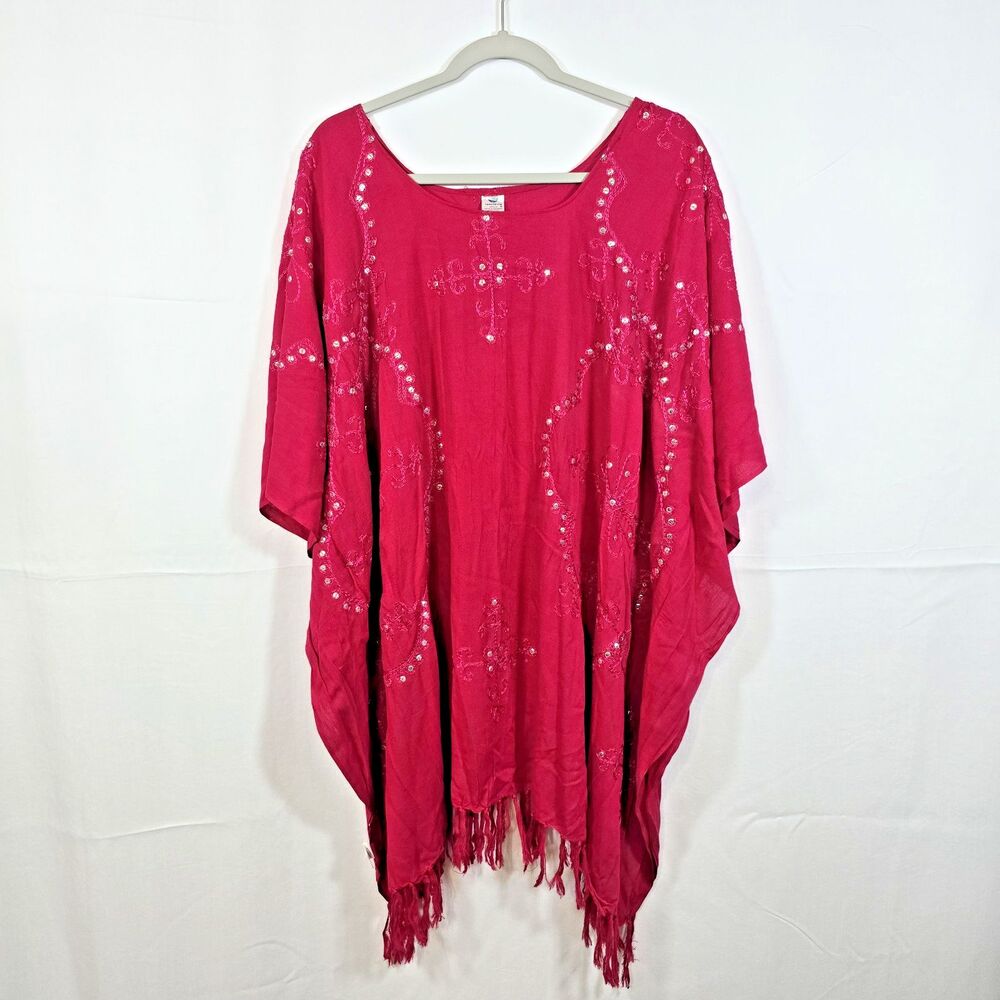 Pareos Del Mar Sz XL Kimono Bright Pink Swim Cover Up Sequins Fringe Beach Pool
